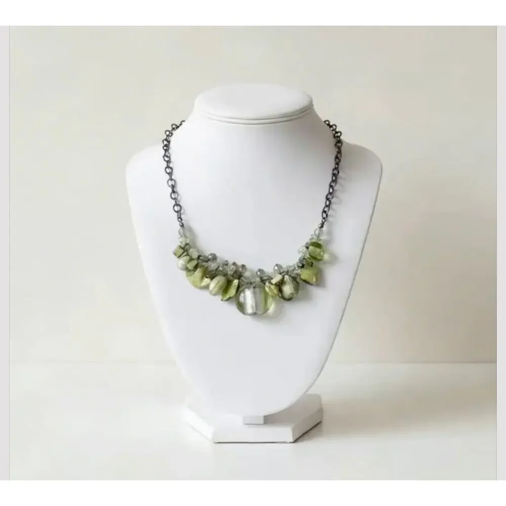 Green Mother of Pearl Glass Statement Necklace Gunmetal Adjustable 19-22”